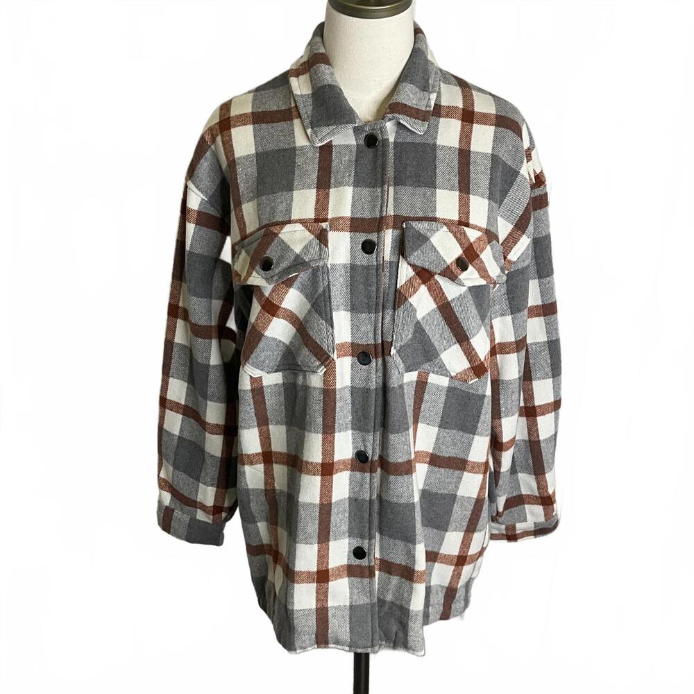 HFX Men's Size Small Grey Plaid Wool Fleece Blend Button Down Chore Jacket Coat